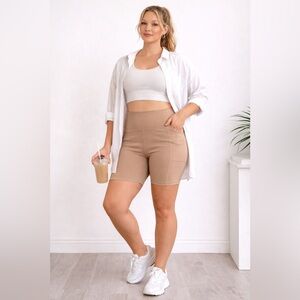 Mono B Tan Biker Shorts XL High Waist Pocket Activewear Nude Beige Athleisure